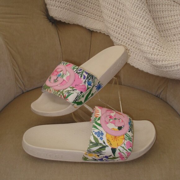 VTG Auth GUCCI x KEN SCOTT Iconic Infinity Jenni GG Floral Sport Pool Slides - Picture 1 of 7